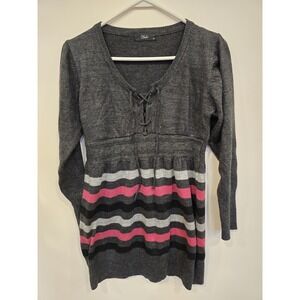 Duke Lace Up Knit Sweater Top Gray Pink Stripe Long Sleeve Size M